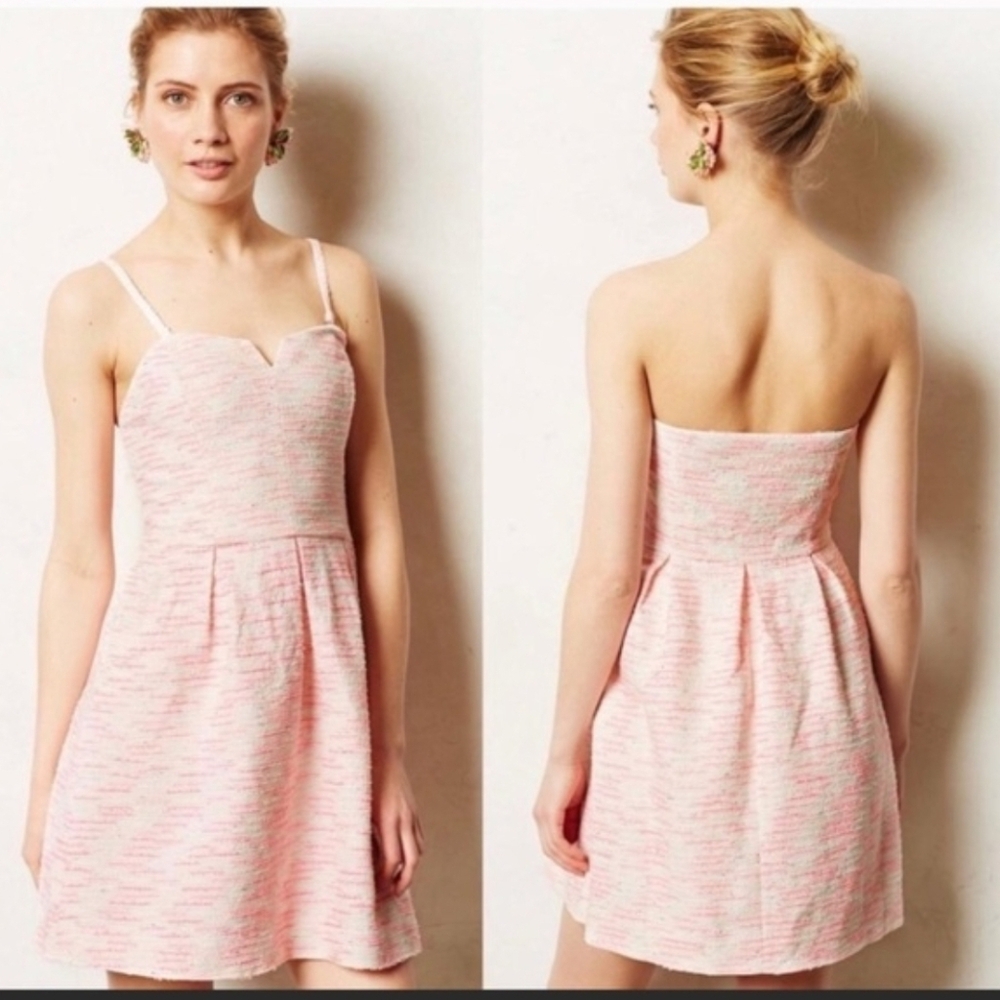 Anthropologie Moulinette Soeurs Pasteque Pink & Cream Tweed Convertible Dress 12